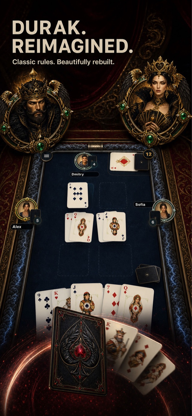 Durak Online gameplay — a four-player table with ornate avatars